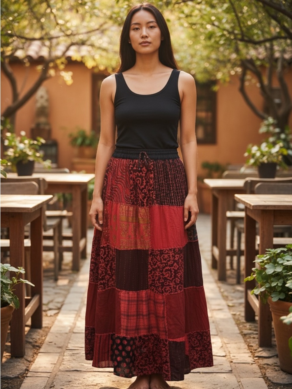 Boho Patchwork Maxi Skirt - Red, Blue, Pink from Nepal